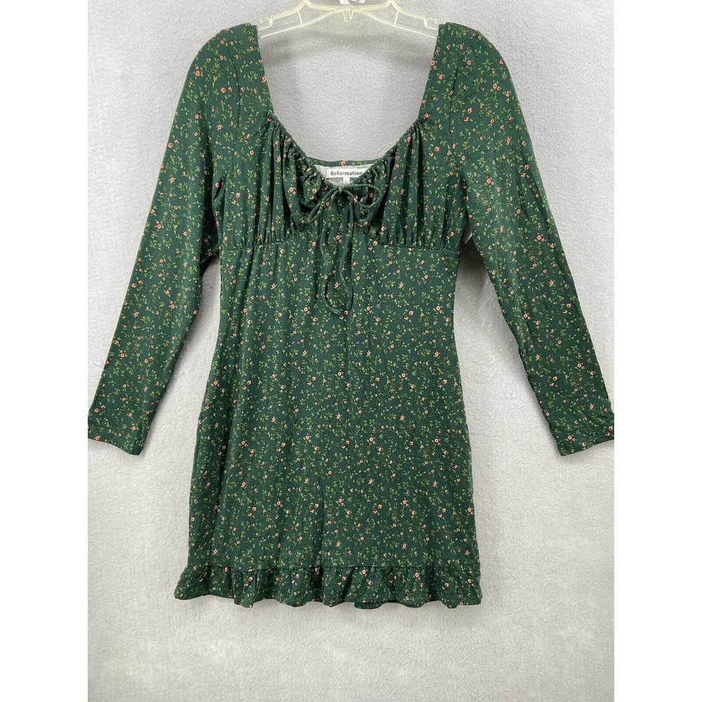 Reformation Dress Women’s Sz Large Angeline Green Mini Long Sleeve Ruffled Hem